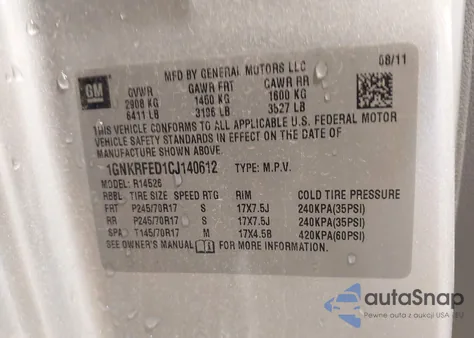 2012 Chevrolet Traverse Ls z USA, uszkodzony, nr VIN 1GNKRFED1CJ140612